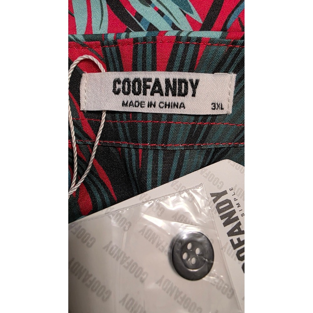 COOFANDY Men's 3XL Tropical Palm Leaf Print Button Down Red Teal Short Sleeve - Picture 2 of 8